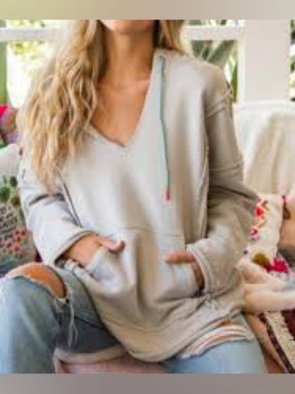 Natural life- **Never Worn** Women's Cream V-Neck Hoodie Top